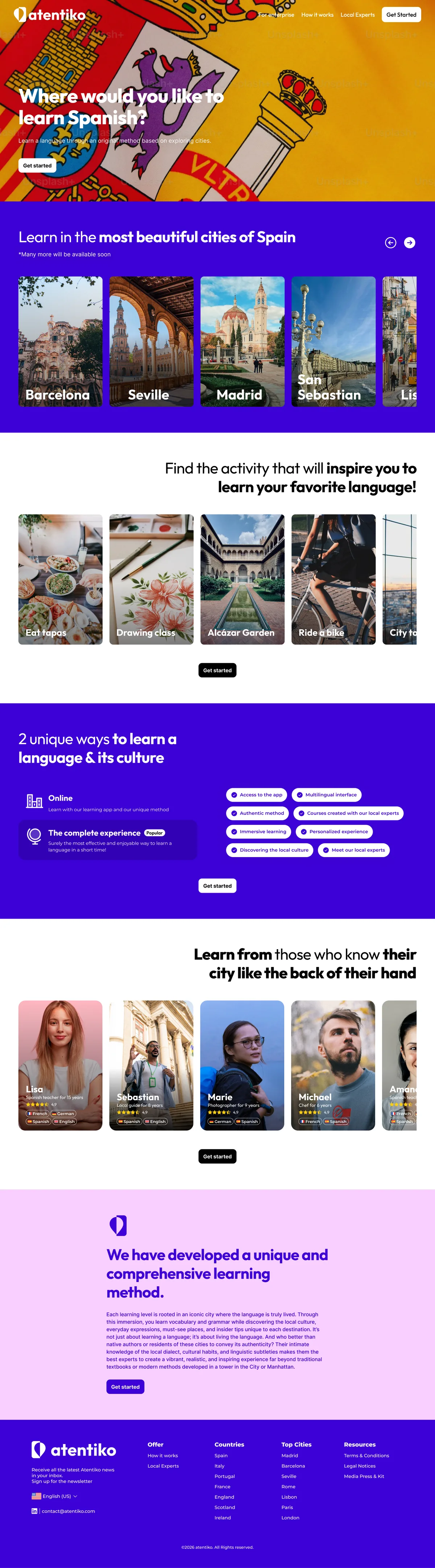 Página de ciudades y experiencias locales de Atentiko