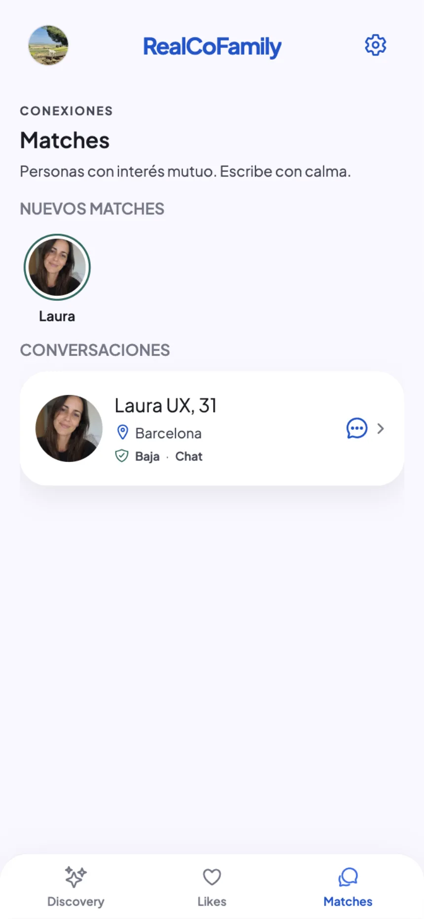 Listado de matches y conversaciones en RealCoFamily